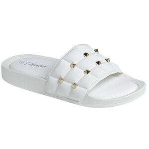 New Womens White Studded Comfy Sole Memory Foam Slip On Slides Sandals